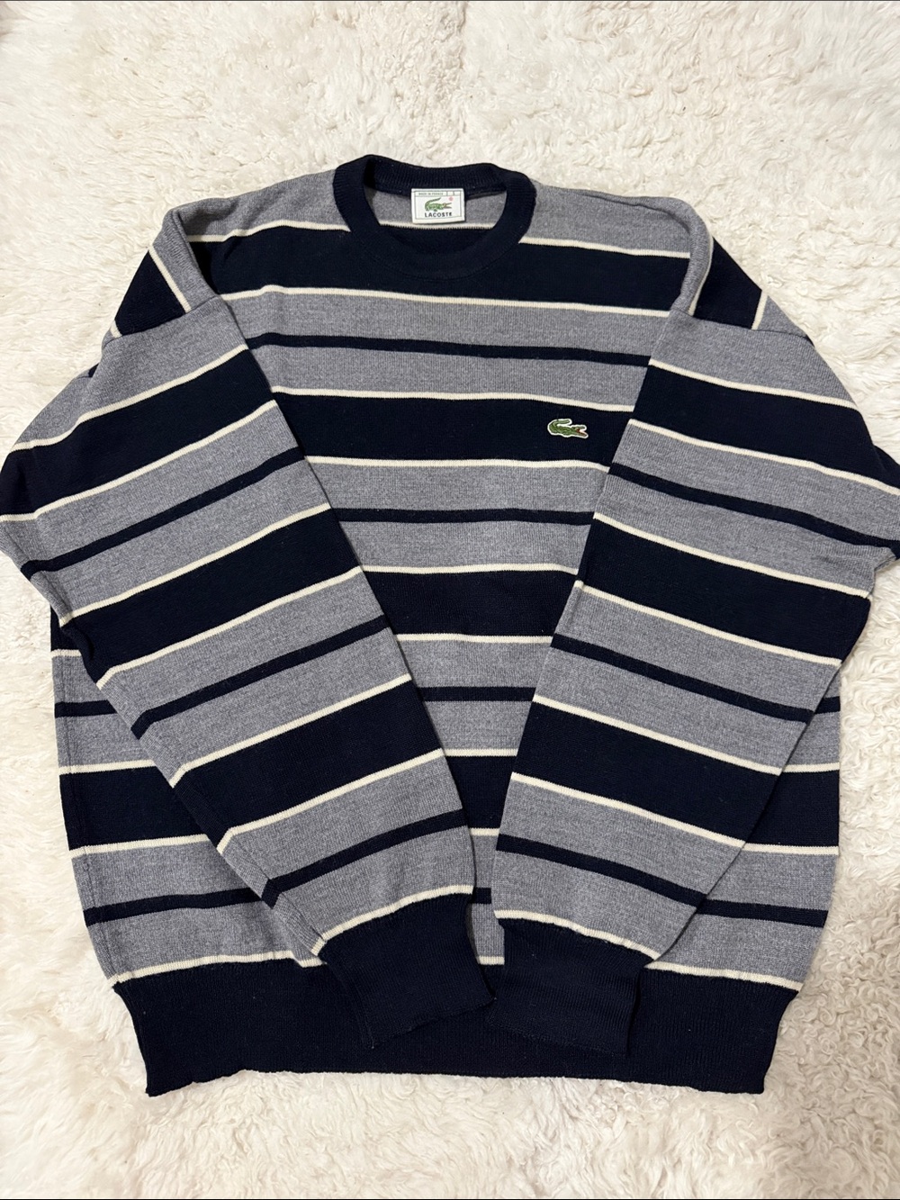 Lacoste Mens Navy, Gray & White Striped Crewneck Sweater Size 5